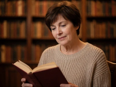 Helen, a 52-year-old woman reading in a cozy library, looking for a mature partner on EvaDate