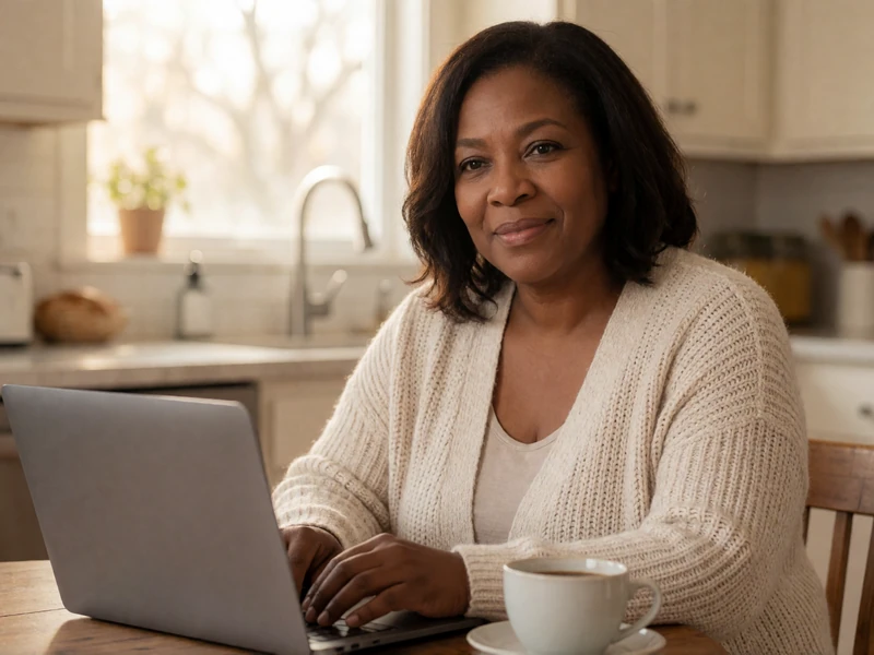 Vivian, a 50-year-old woman smiling softly at her kitchen table with a laptop and coffee, representing the comfortable online dating experience on EvaDate