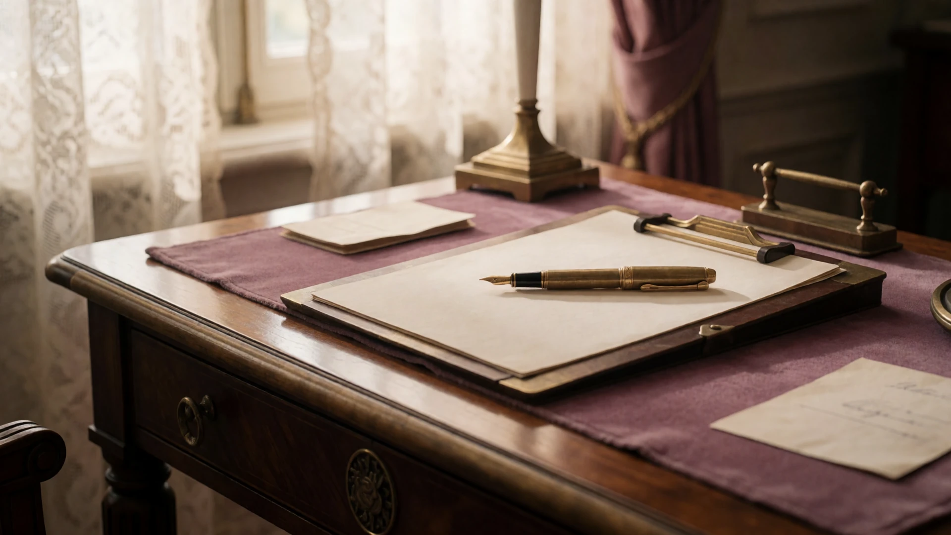Elegant vintage writing desk with fountain pen and cream stationery in soft morning light, evoking thoughtful correspondence and trust