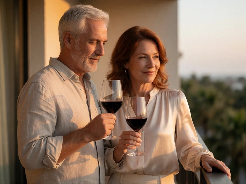 Mature couple in their fifties enjoying a quiet glass of wine together on a hotel balcony at sunset, representing meaningful relationships after 45