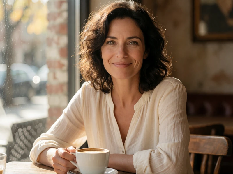 Diana, a 50-year-old woman smiling warmly at a cozy cafe, representing safe and authentic dating on EvaDate
