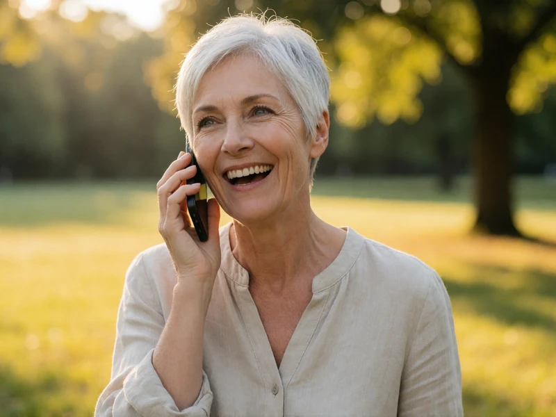 Eleanor, a 55-year-old woman laughing casually while talking on a phone in a sunny park, representing easy and natural conversations on EvaDate