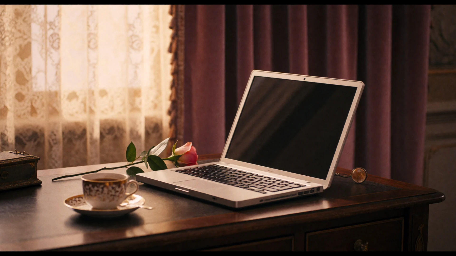 Elegant vintage laptop on a wooden desk with coffee and a rose in warm morning light, representing the simple start of online dating with EvaDate