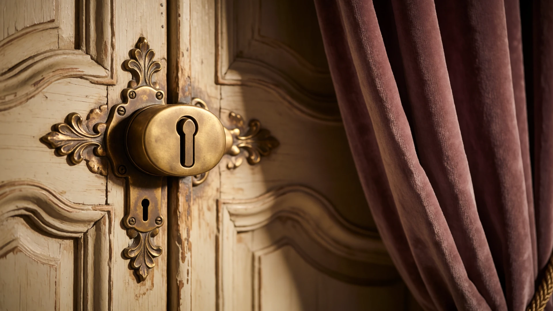 Antique brass lock on a vintage wooden door with warm cinematic lighting, symbolizing security and trust on a safe dating platform