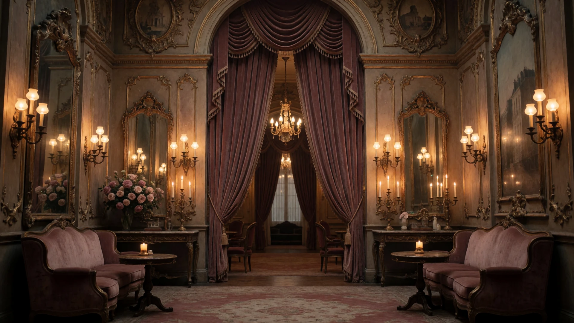 Elegant vintage hotel lobby with warm candlelight and deep mauve velvet curtains at dusk, evoking cinematic luxury for serious dating