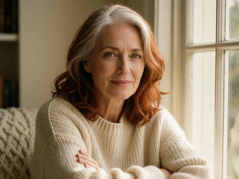 Patricia, a 55-year-old woman with silver-streaked auburn hair smiling warmly by a window, representing the kind of genuine connection available on EvaDate