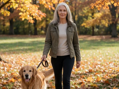 Catherine, a 45-year-old woman walking her dog in an autumn park, seeking meaningful dating on EvaDate