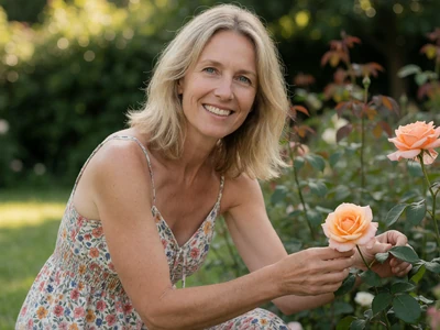 Margaret, a 48-year-old woman gardening in a casual sundress, seeking a serious relationship on EvaDate