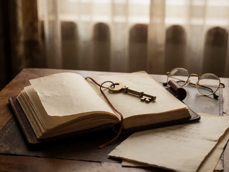 Vintage writing desk with leather journal and brass key in soft natural light, symbolizing privacy and personal data protection on a dating platform
