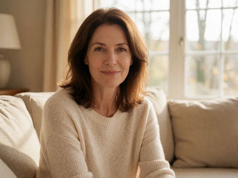 Eleanor, a 48-year-old woman sitting confidently in a bright living room, representing verified profiles on a safe dating platform